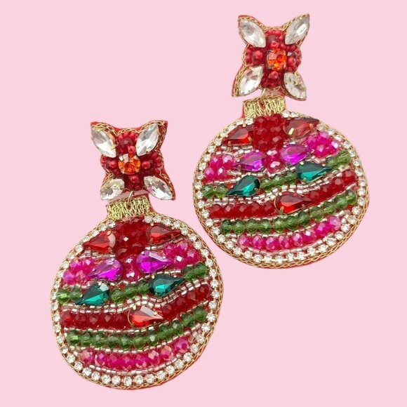 Rhinestone & Beaded Red Ornament Earrings - Picture 1 of 1